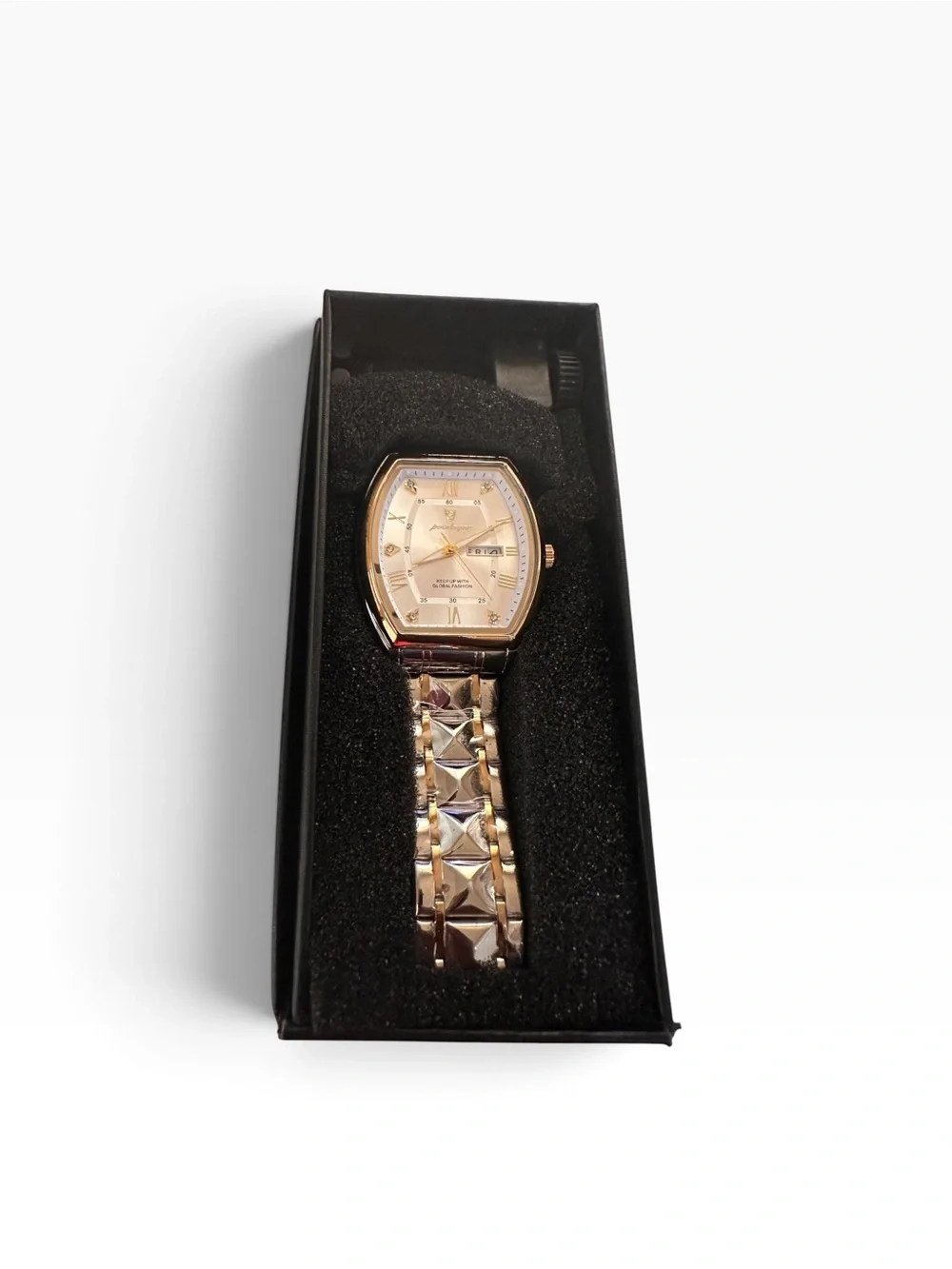 POEDAGAR Men’s Rose Gold Champagne Dial Day Date Quartz Watch